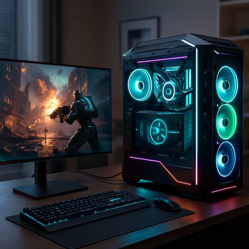 Gaming computer met AI-koeling en transparante OLED-monitor in moderne kantooromgeving