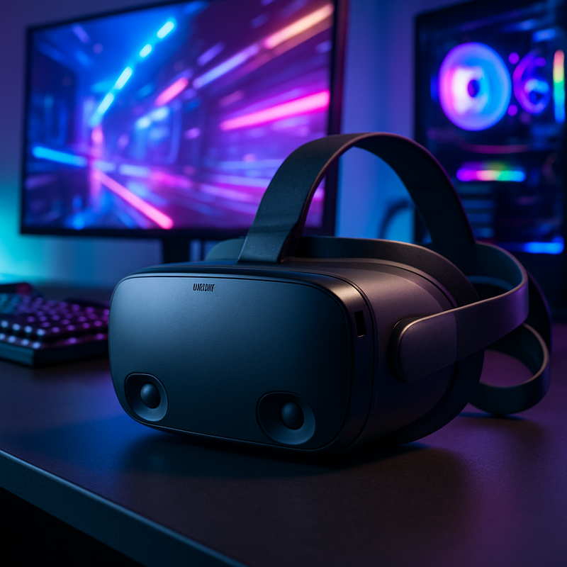 Valve Steam Frame VR-headset op een gaming bureau met PC en kleurrijke achtergrond