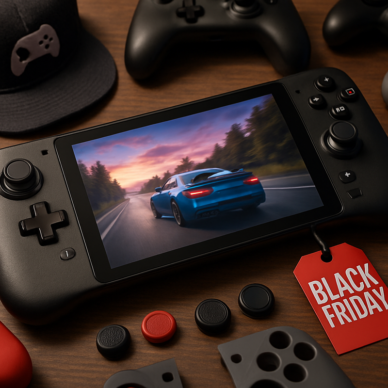 Handheld gaming console met diverse gamingaccessoires en Black Friday kortingslabel