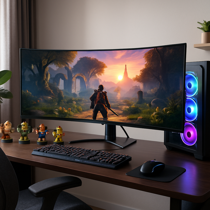 Gaming setup met een ultrawide curved monitor, Amiibo figuren en ergonomische gaming desk.