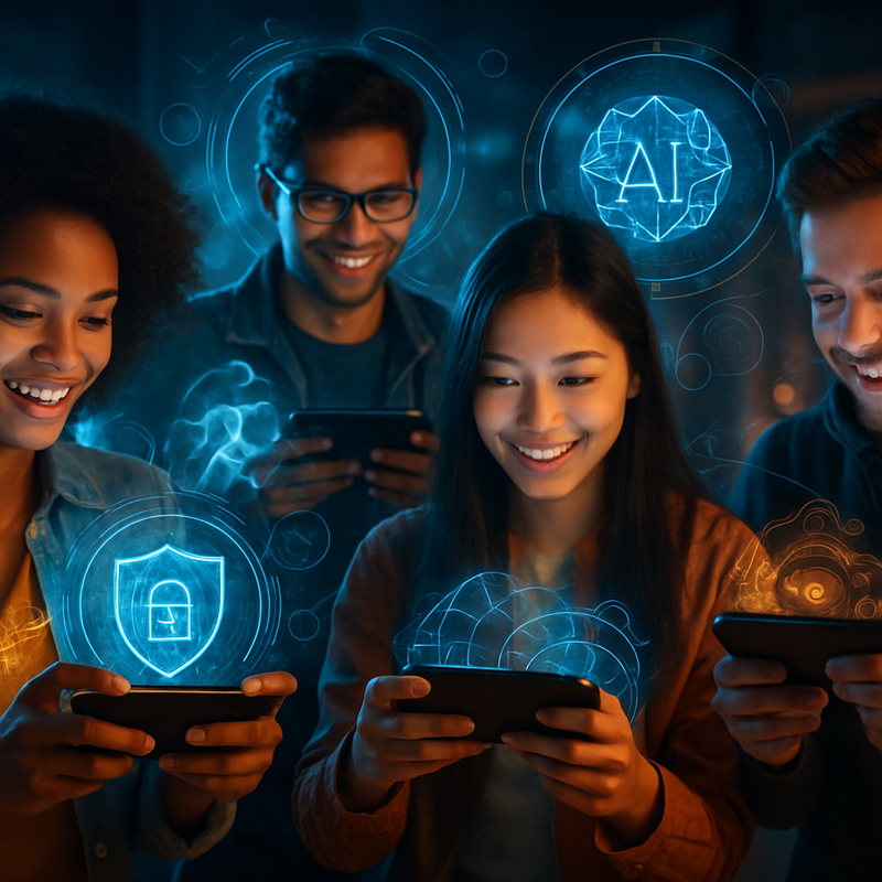 Personen spelen mobiele games met AR en AI elementen op hun smartphones