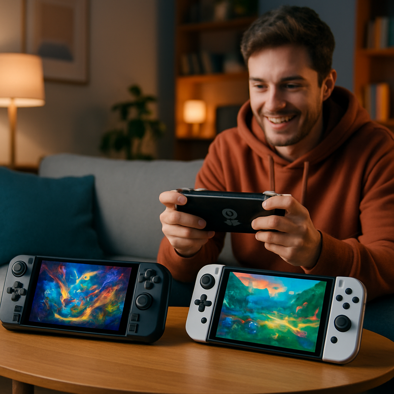 Nintendo Switch 2 console en high-end handheld gaming pc op een tafel bij een gamer