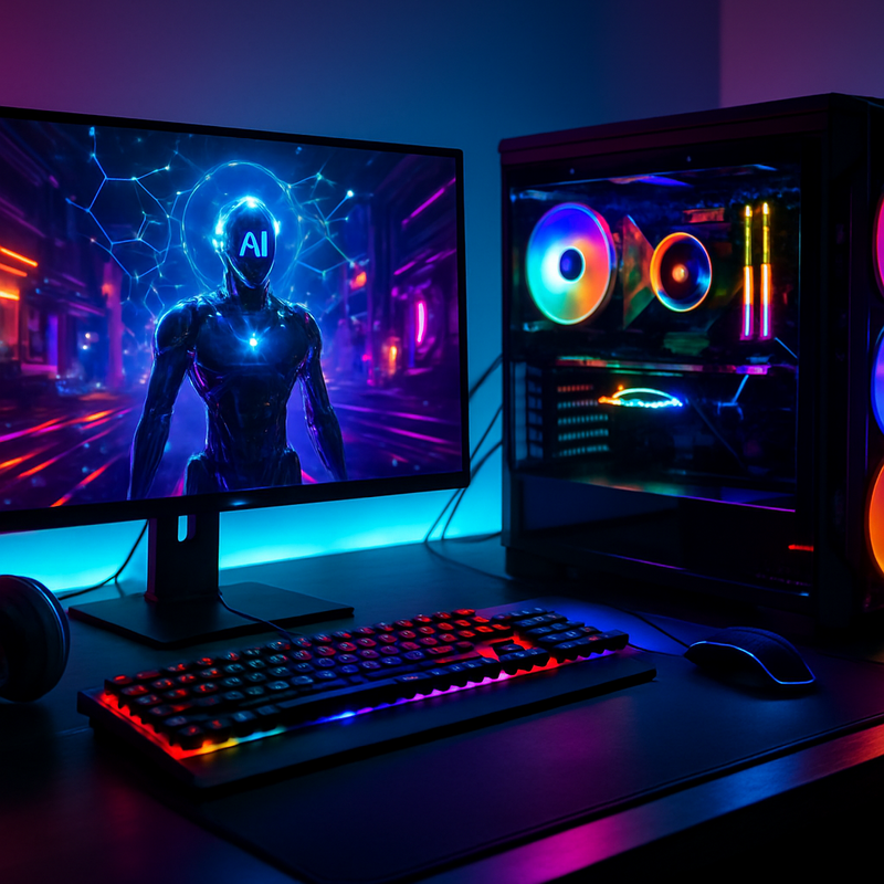 Modern gaming setup met OLED-monitor en high-end pc voor AI-geschikte games