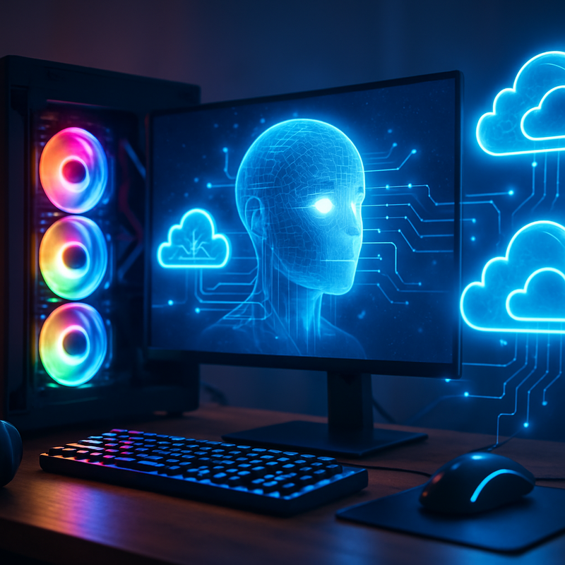 Gaming setup met krachtige pc, AI-elementen en cloudsymbolen, illustratie van AI impact op gaming en financiën