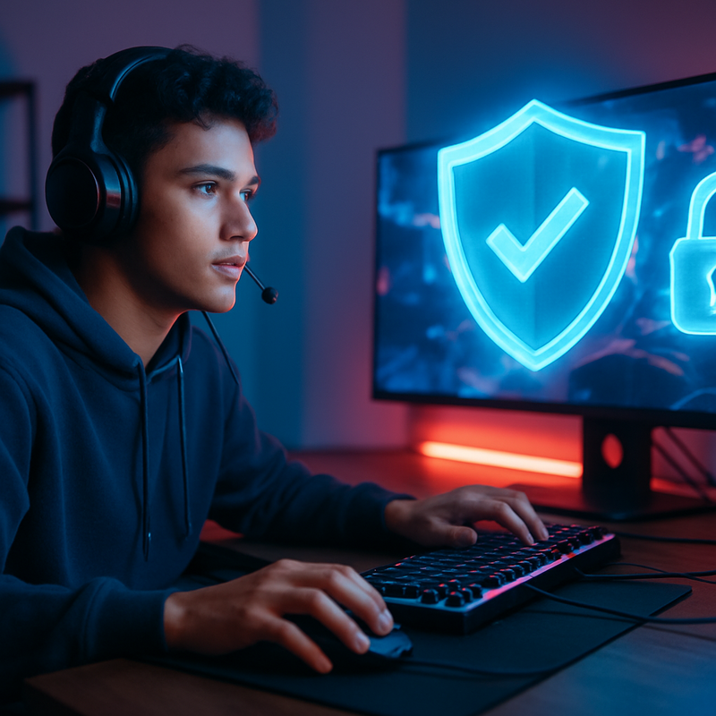 Jonge gamer achter een gaming pc met beveiligingsiconen op het scherm