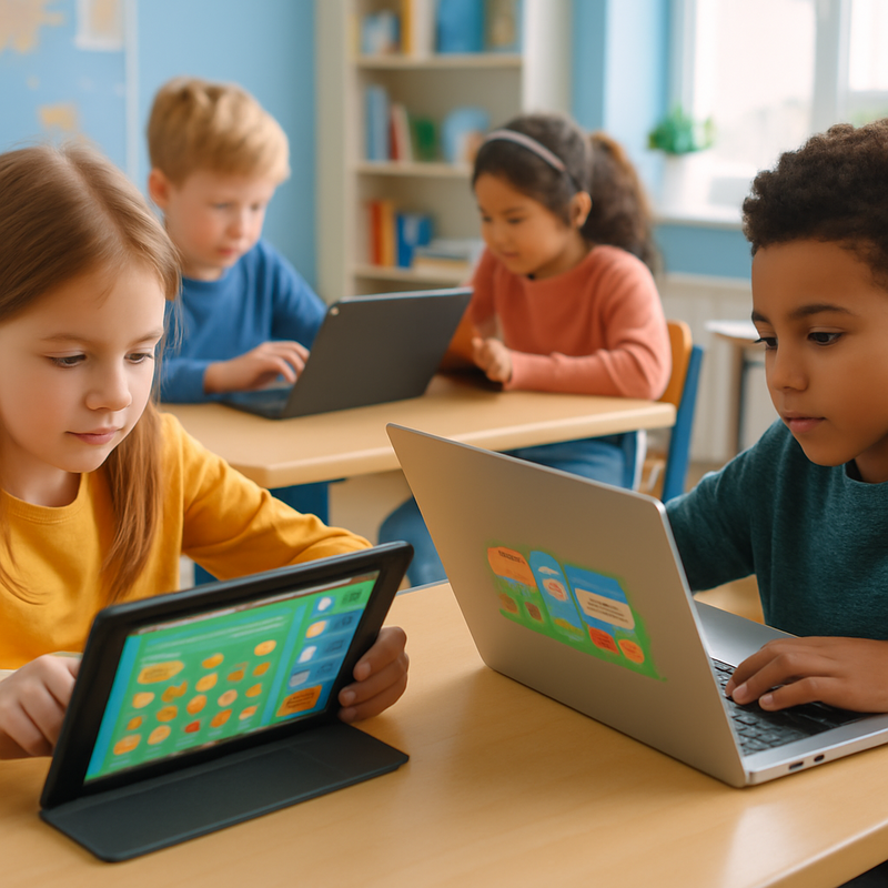 Kinderen spelen educatieve games op tablets in een klaslokaal om digitale en financiële vaardigheden te leren.