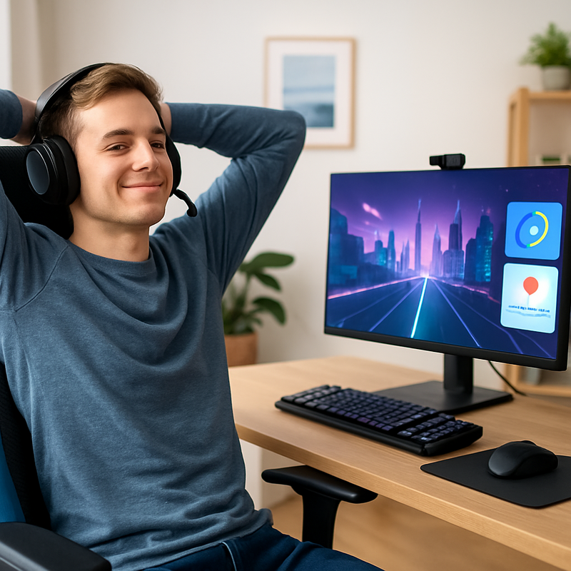 Gamer neemt pauze bij ergonomische gamingsetup en digitale welzijnsapps