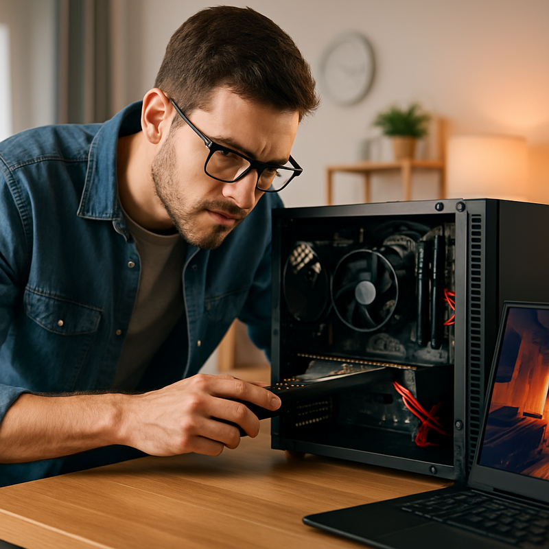 Gamer inspecteert gebruikte gaming PC en hardware componenten voor aankoop