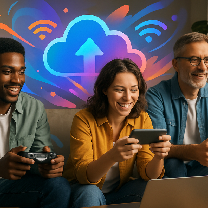 Mensen spelen cloudgames op diverse apparaten zoals laptop, smartphone en console, met grafische overlay.