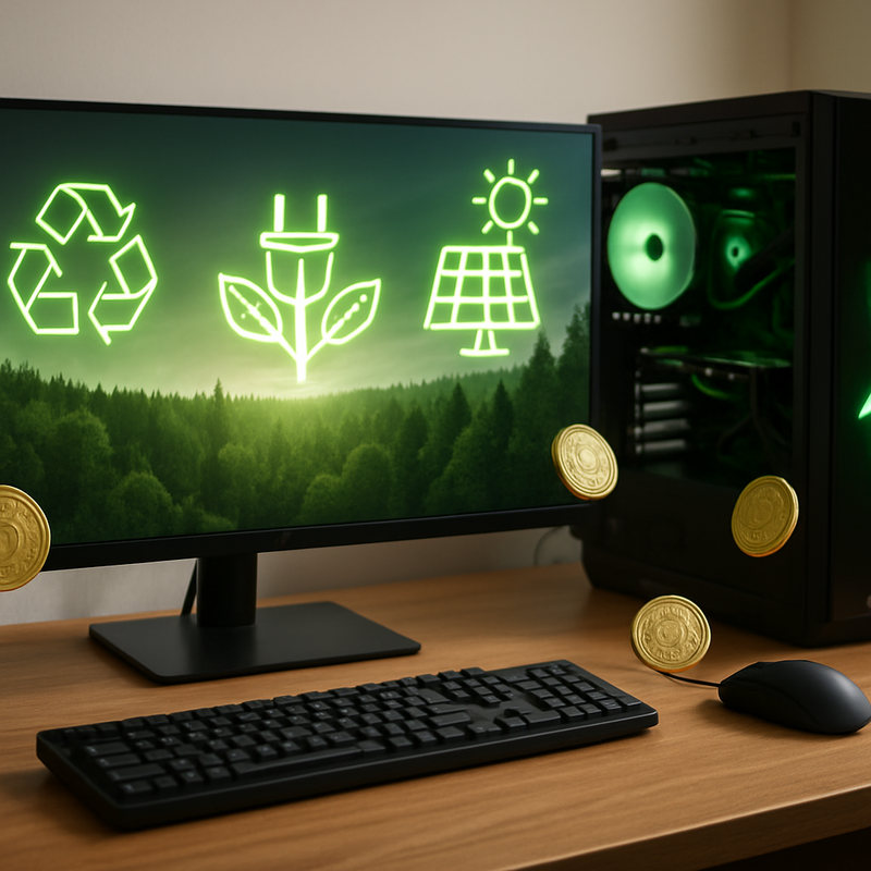 Gaming setup met groene technologie en digitale tokens die duurzaamheid symboliseren