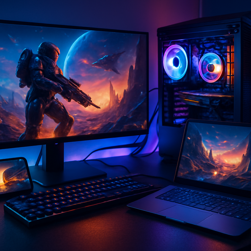 Futuristisch gaming setup met mobiele apparaten en krachtige pc's die geavanceerde graphics tonen.