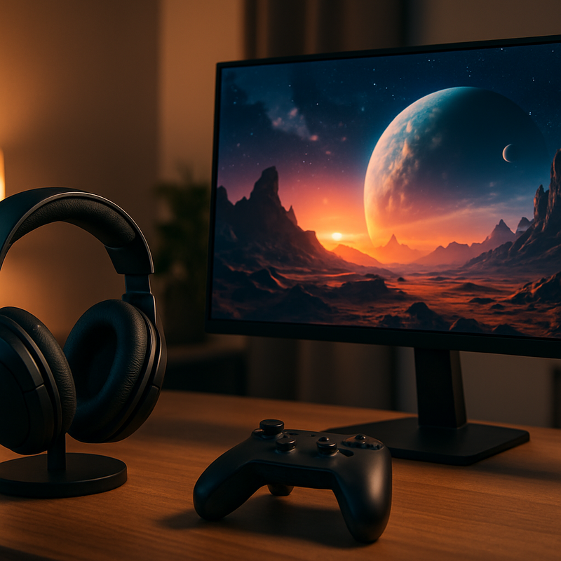 Draadloze gaming headset en controller naast een 27-inch gaming monitor op een bureau
