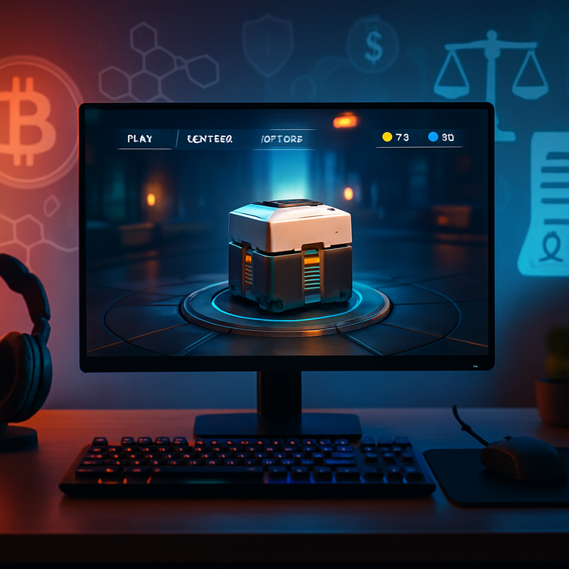 Hoogwaardige gamingmonitor met game en symbolen van crypto en regelgeving