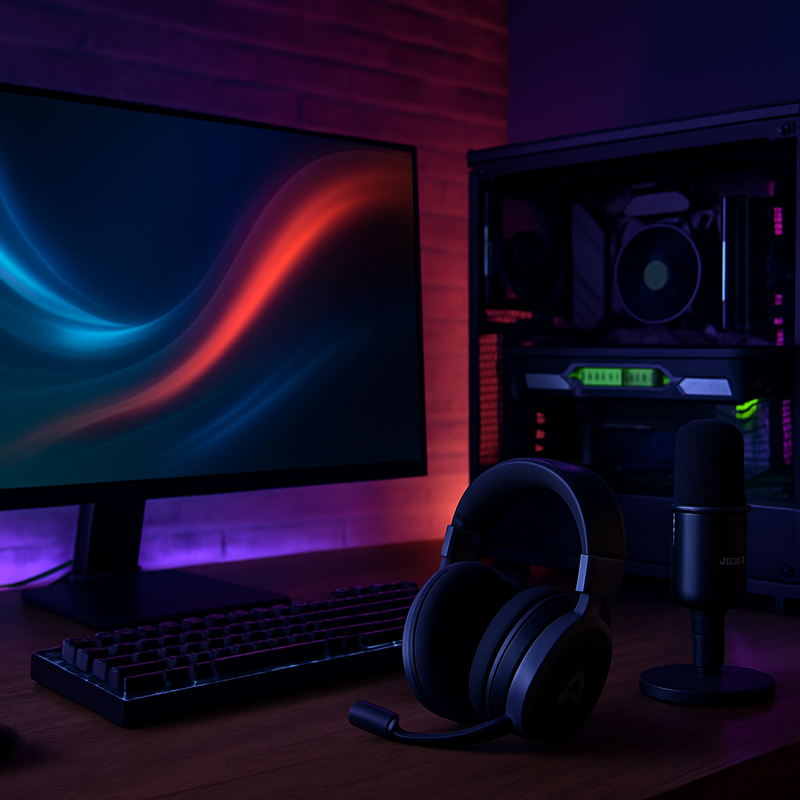Gaming setup met RTX 50 GPU, Shure MV6 microfoon en Logitech Astro A20 X headset