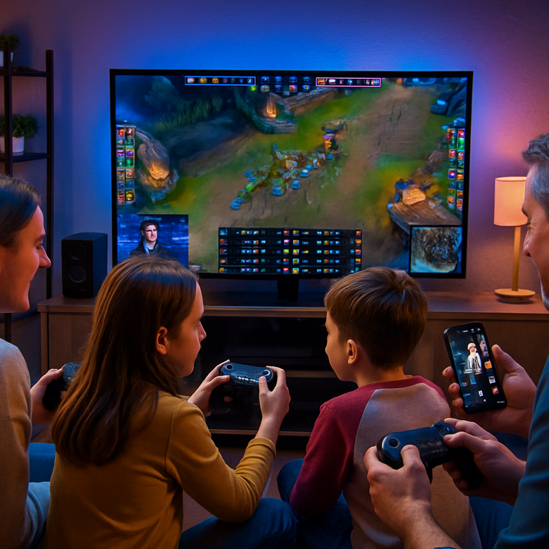 Gezin speelt videogames terwijl ze e-sports en TikTok-content bekijken