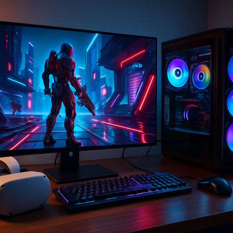 Moderne gaming setup met PC, VR-headset en gamevisuals die innovatieve gameprototypes tonen