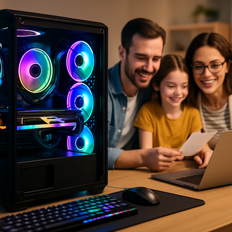 Gaming-pc met RGB-verlichting en familie die budget plant