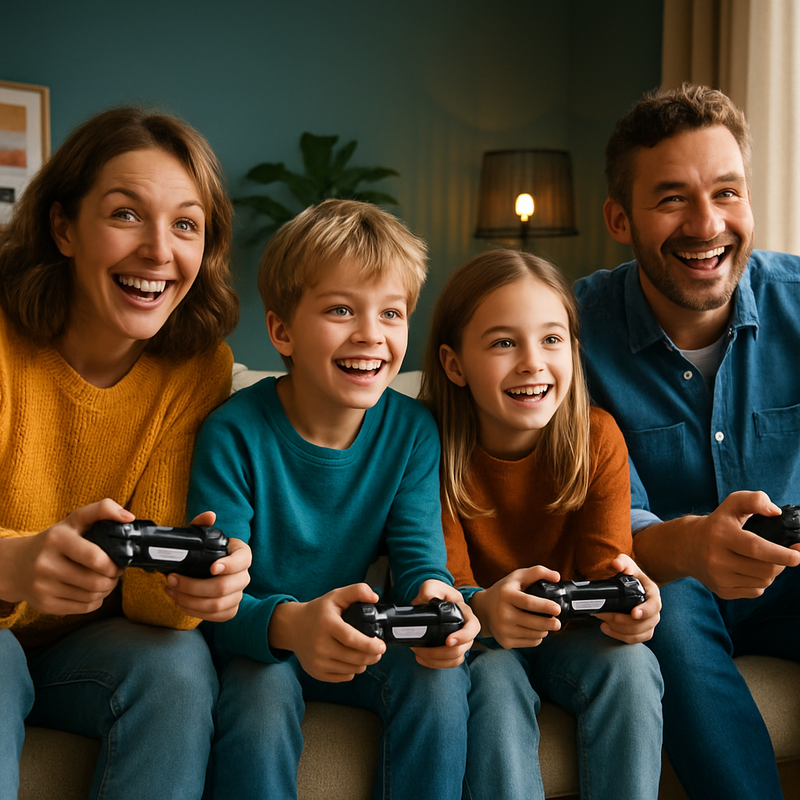 Gezin speelt samen videogames in een gezellige woonkamer, sociale en financiële voordelen zichtbaar