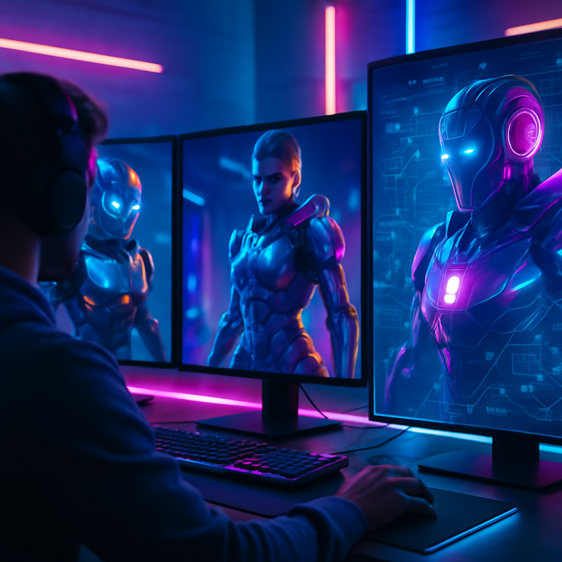 Futuristische game-omgeving met AI-animatie en digitale schermen, symboliserend innovatie in gaming en financiën.