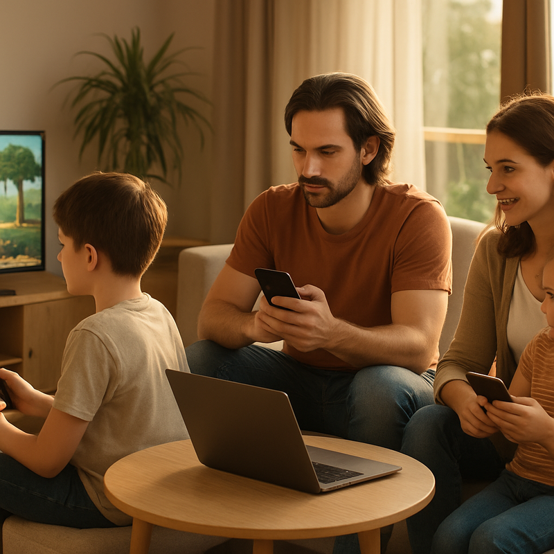 Gezin dat balans vindt tussen gamen en offline activiteiten in moderne woonkamer