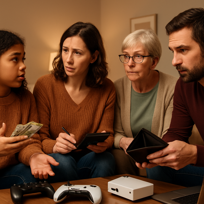 Gezin speelt samen games en bespreekt financiën rond gaminguitgaven in woonkamer