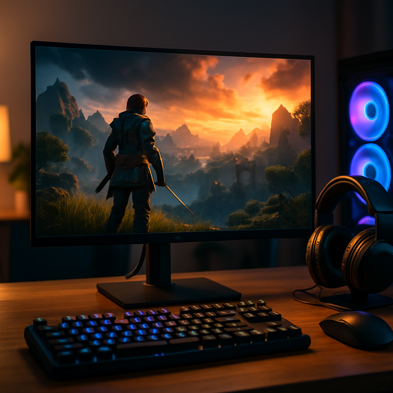 Gaming setup met nieuwste game en gaming accessoires als draadloze muis en headset