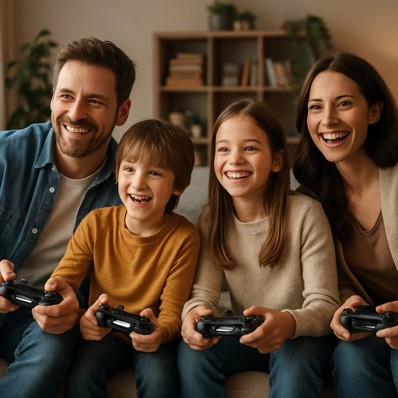 Gezin dat samen videogames speelt in een gezellige woonkamer met een moderne console.