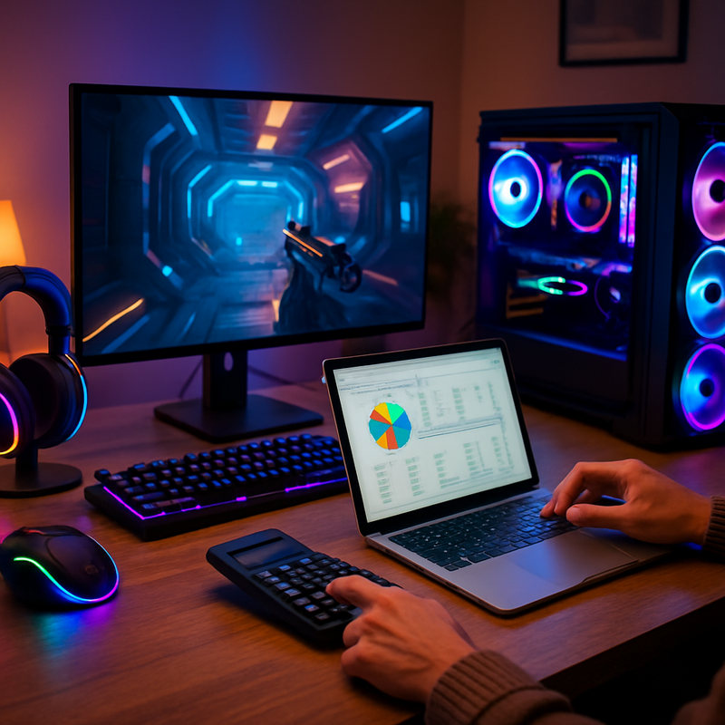 Moderne gaming setup met RGB-verlichting en persoon die financiële planning doet op laptop