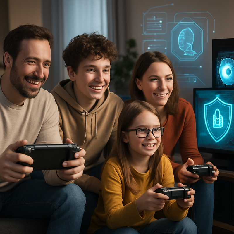 Gezin speelt samen videogames met moderne gaming apparatuur en AI-interfacebeelden