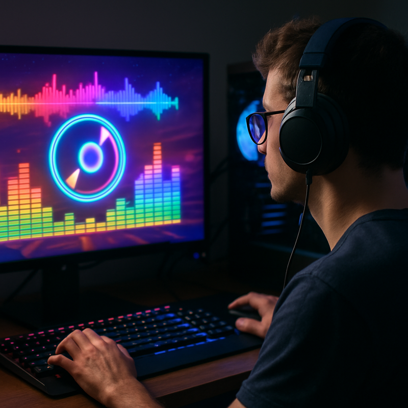 Gamer met hoofdtelefoon speelt game met in-game muziek-interface zichtbaar op scherm