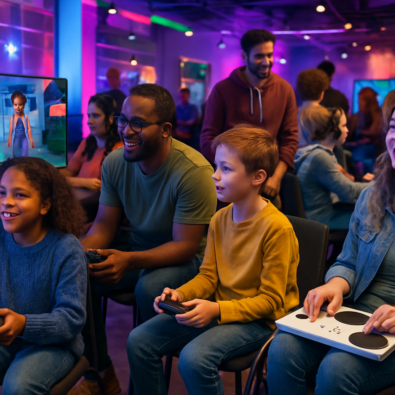 Een diverse groep gamers met adaptieve controllers die deelnemen aan een inclusief en modern game-evenement in Rotterdam.