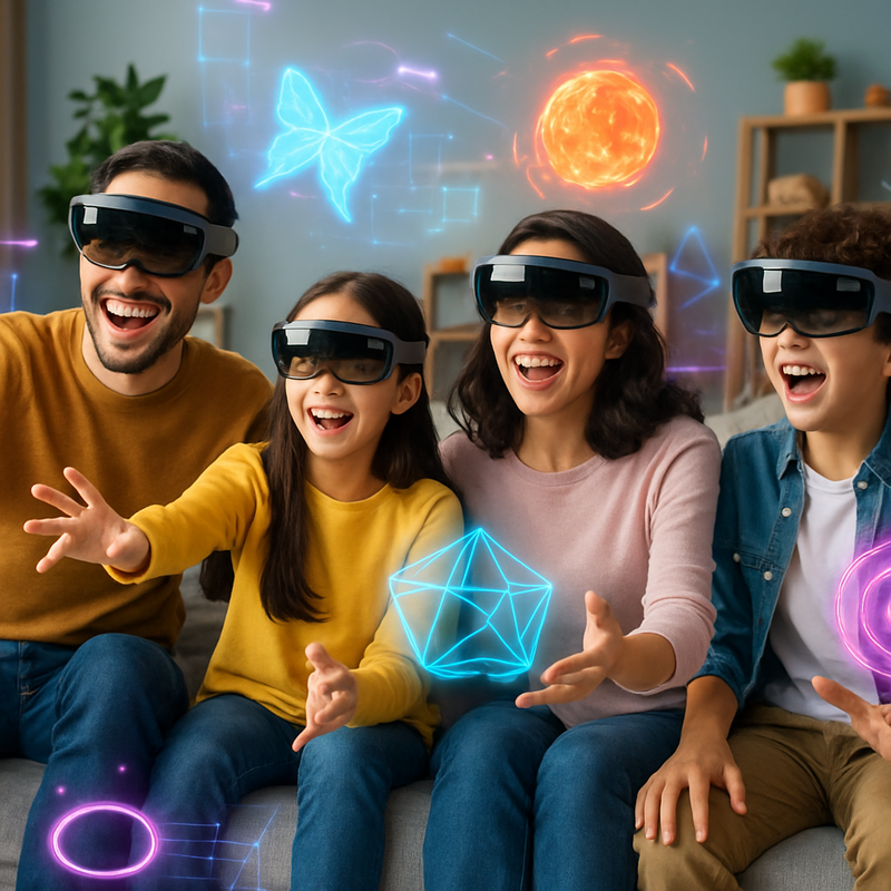 Familie speelt samen AR-game met augmented reality brillen in de woonkamer