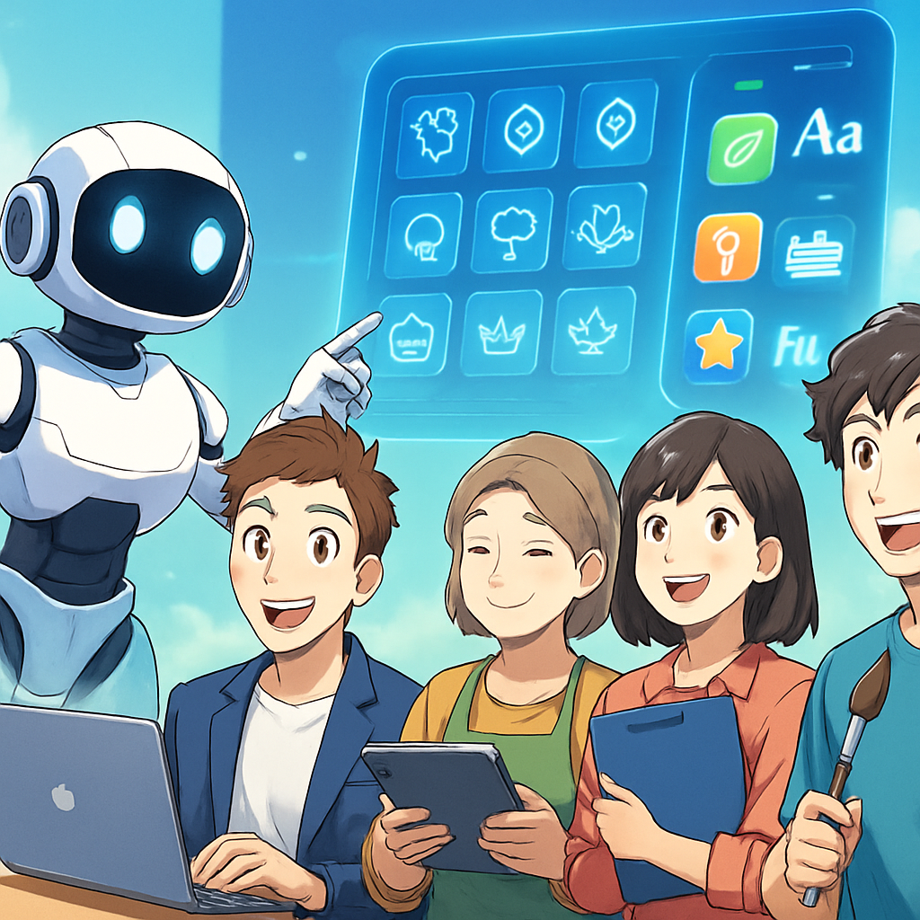 Een anime-stijl robotassistent die een groep mensen helpt met logo-ontwerp op een holografisch scherm, met zwevende iconen en templates.