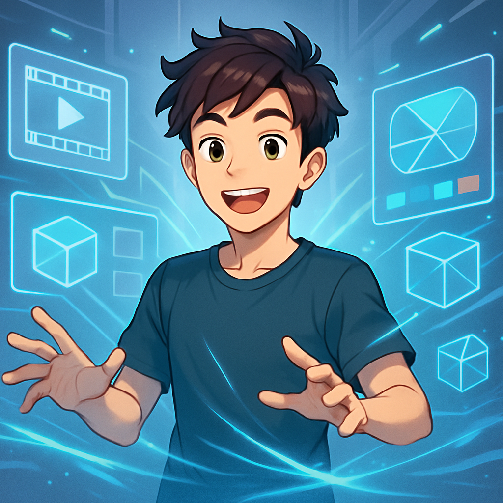 Een anime-stijl illustratie van een jonge man die in een digitale omgeving met holografische schermen werkt, die tools voor videobewerking, grafisch ontwerp en 3D-modellering symboliseren. Abstracte lichtlijnen verbinden de schermen en de man, wat synergie en creativiteit uitdrukt.