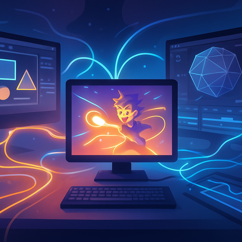 Een anime-illustratie die de synergie toont tussen drie digitale creatietools: een 2D-design interface, een 3D-modelleeromgeving en een videobewerkingstijdlijn, die vloeiend met elkaar verbonden zijn en culmineren in een afgewerkt, dynamisch videoproduct op een centraal scherm.