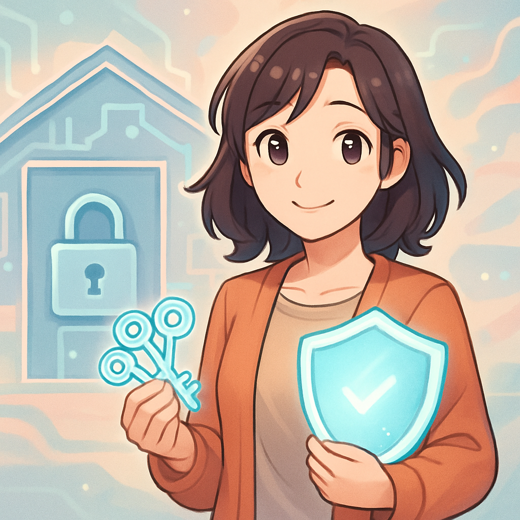 Een anime-illustratie van een vrolijke vrouw die een set unieke digitale sleutels of een lichtgevend schild vasthoudt voor een beveiligde digitale poort of huis. Ze symboliseert de bescherming van online werkruimtes.