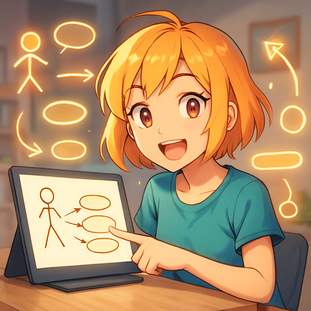 Een jonge vrouw in anime stijl, Sofie Hu, lacht enthousiast aan een bureau, omringd door zwevende, lichtgevende UML-elementen zoals pijlen en vormen. Ze wijst naar een scherm waarop een eenvoudig Use Case diagram te zien is.