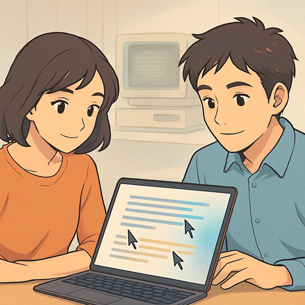 Een anime-stijl illustratie van twee personen die samenwerken aan een document op een tablet. Meerdere cursors zijn zichtbaar, en tekst verandert vloeiend op het scherm, symboliserend real-time samenwerking en versiebeheer, met een zachte, nostalgische achtergrond die verwijst naar oude computermonitoren.