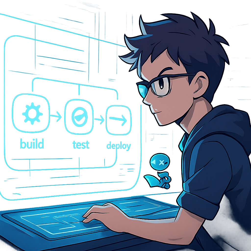 Een anime-stijl illustratie van een developer die een GitLab CI/CD pipeline opzet. Op een futuristisch scherm zijn de stadia 'build', 'test' en 'deploy' van een pipeline te zien, verbonden door automatische stroomlijnen. Een kleine robot, die een 'runner' voorstelt, werkt in de achtergrond.