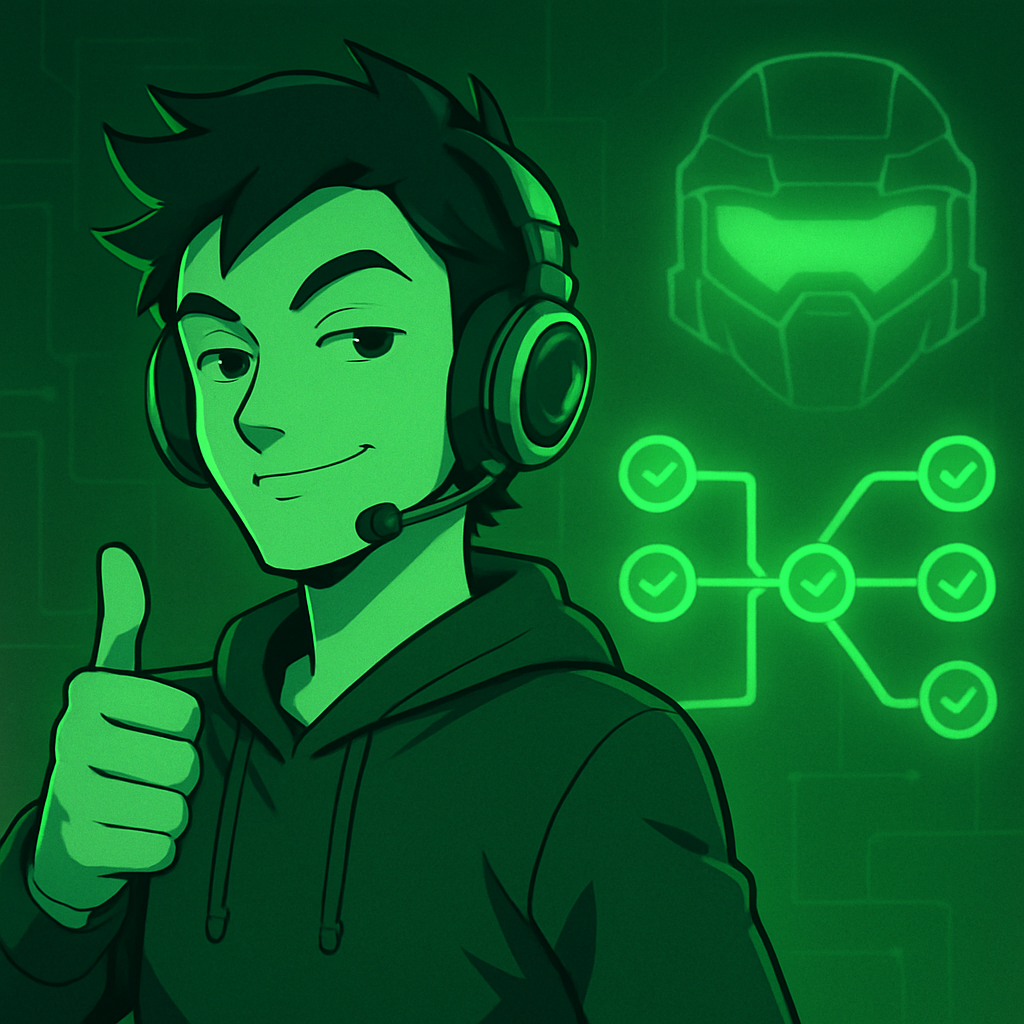 Een anime-stijl programmeur met een gaming headset geeft een duim omhoog voor een holografische display van een succesvolle, groene CI/CD pipeline, met een subtiel Halo Spartan helm silhouet op de achtergrond.