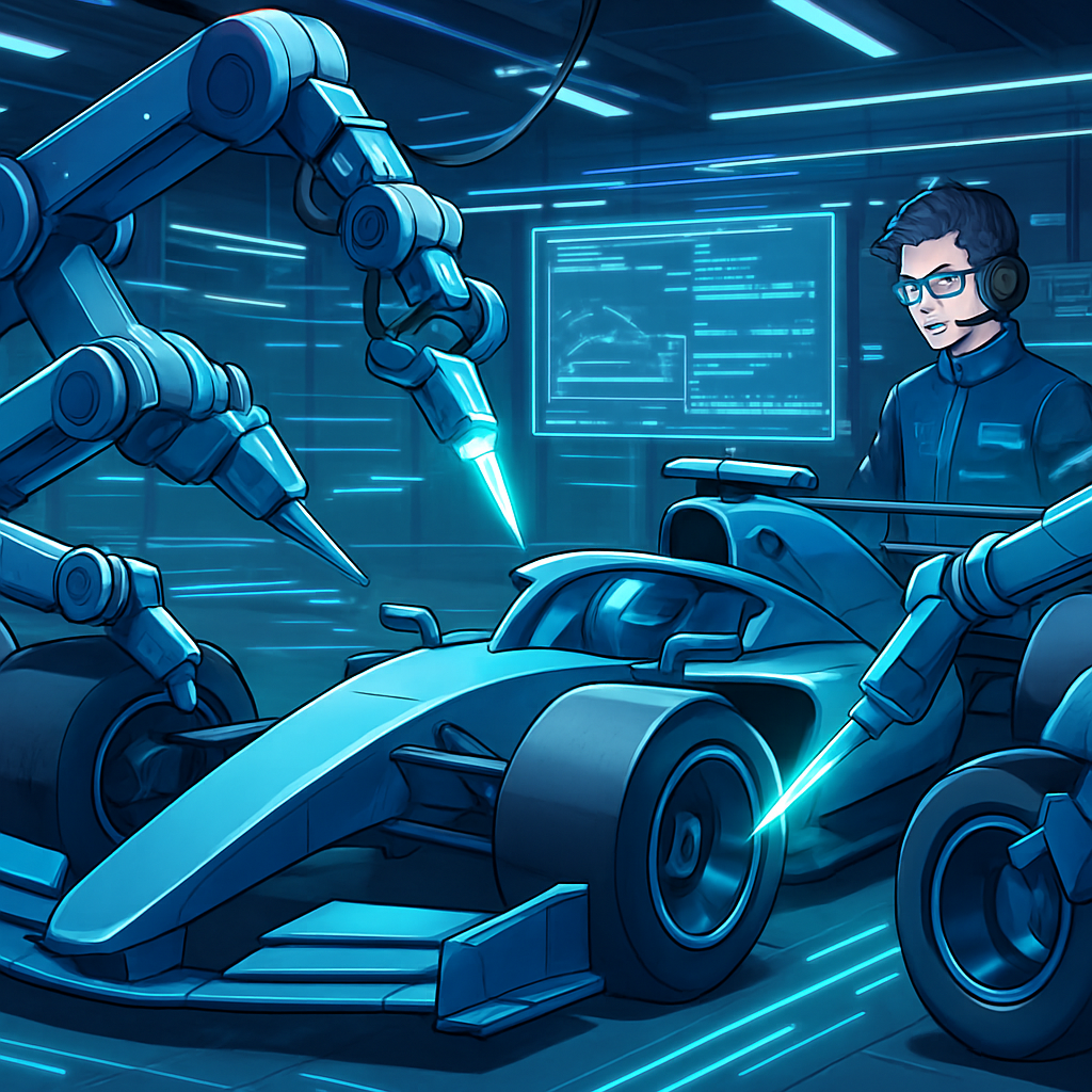 Een anime-illustratie van een geautomatiseerde pitstraat met robotarmen die werken aan een futuristische racewagen, gesymboliseerd door GitLab CI/CD. Een engineer monitort de processen op een scherm, wat de focus op efficiëntie en snelheid in softwareontwikkeling weergeeft.