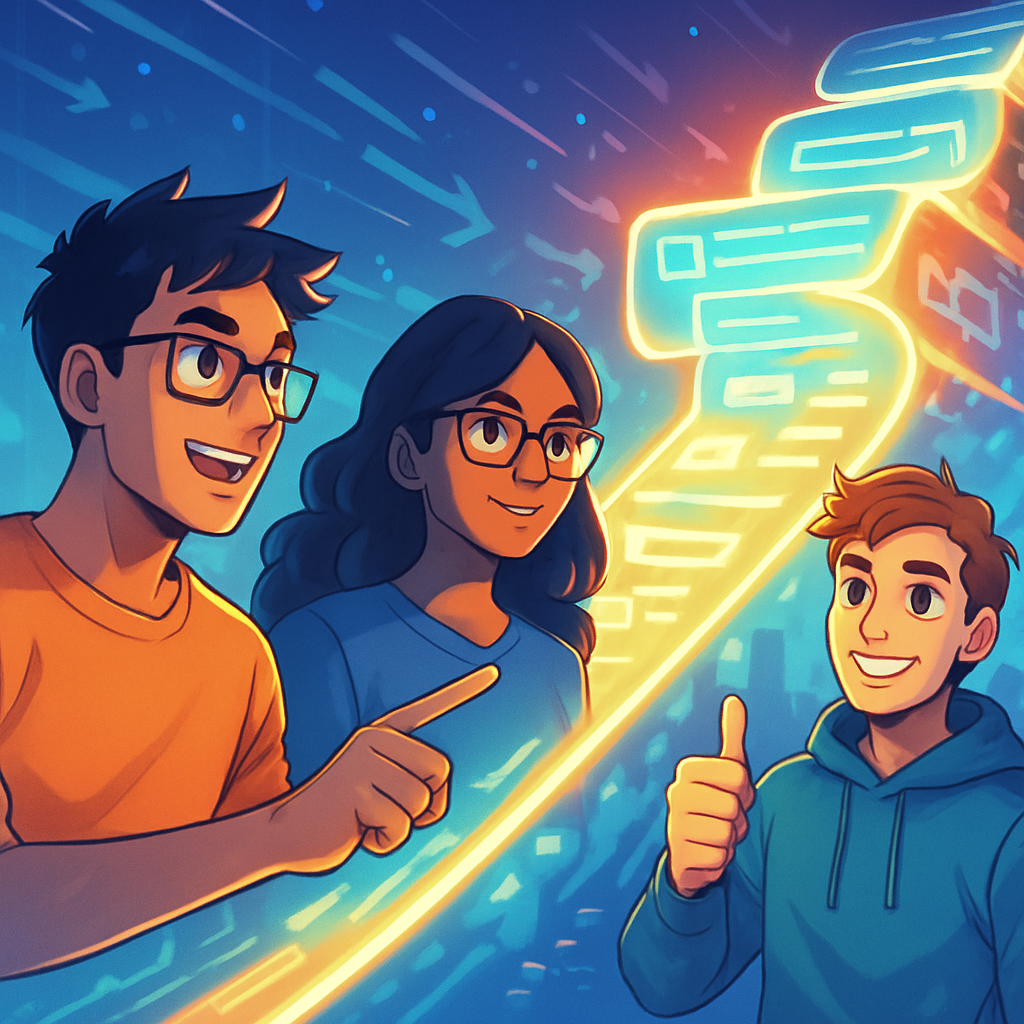 Een levendige anime-illustratie van drie ontwikkelaars die tevreden kijken naar een snelwerkende, geautomatiseerde GitLab CI/CD pipeline, symboliserend efficiënt teamwerk en snelle softwareontwikkeling.