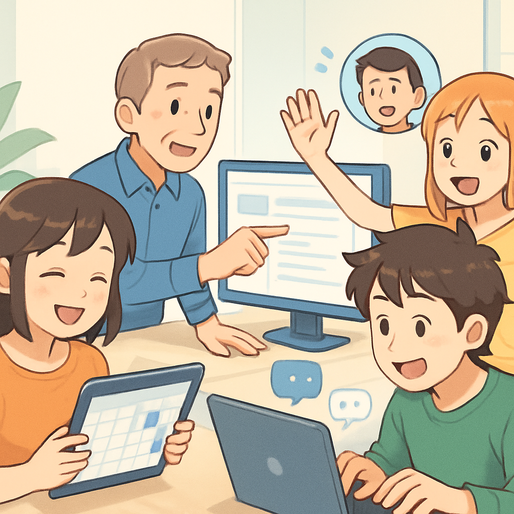 Een anime-illustratie van vier mensen die vrolijk samenwerken met digitale tools: één persoon bekijkt een gedeelde agenda, één zwaait naar een videoscherm, één typt bij chatbubbels, en één wijst naar een gedeeld document, allemaal in een heldere en opgeruimde digitale omgeving.