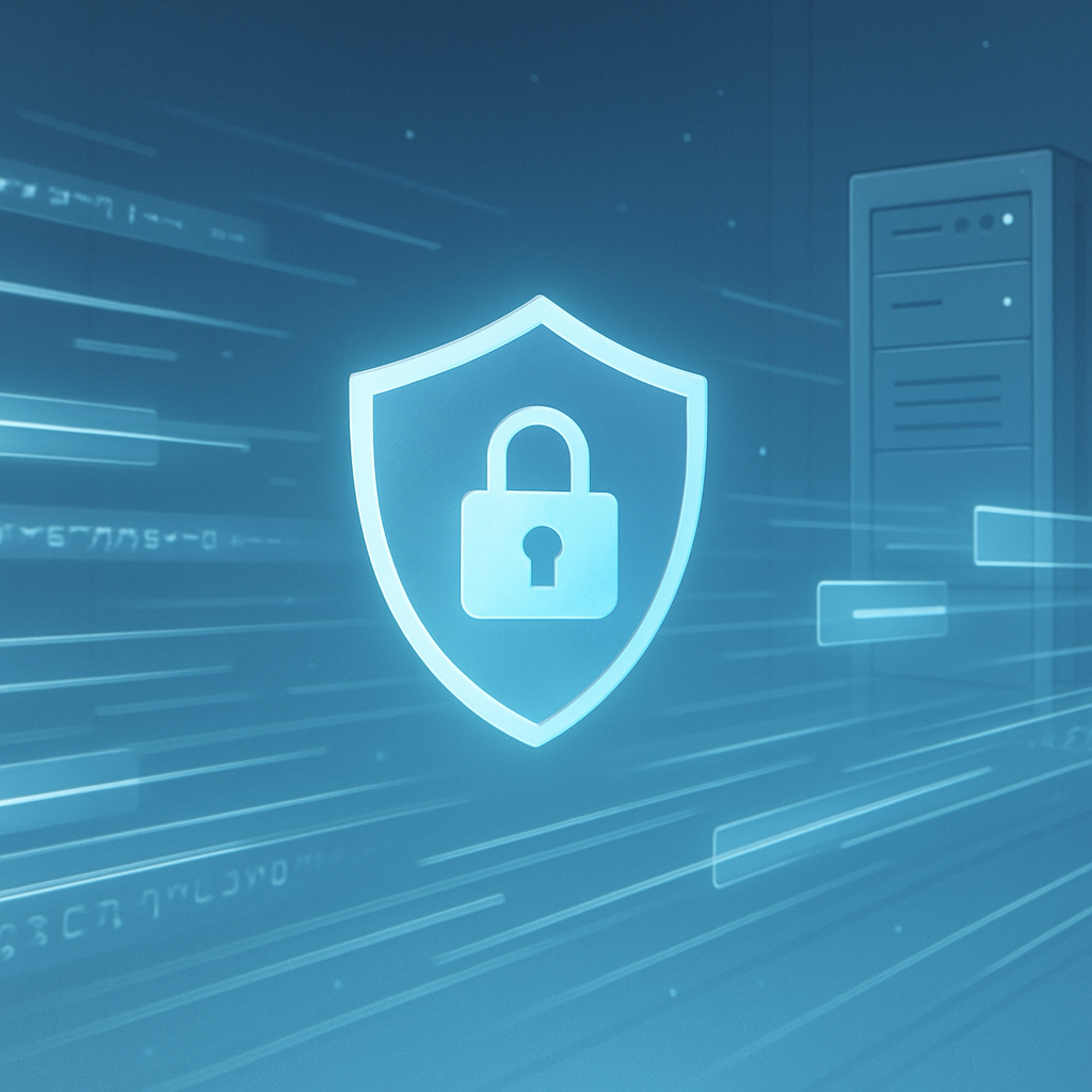 Een anime-stijl illustratie van een glanzend, digitaal schild met een hangslot, omringd door geëncrypteerde gegevensstromen en een futuristisch serverrack in de achtergrond, symboliserend de geavanceerde beveiliging van Google Workspace.