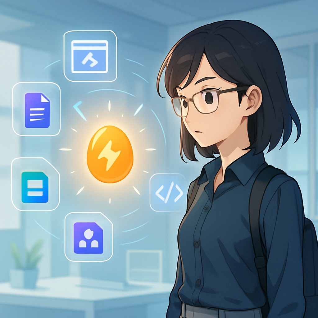 Een anime-achtige afbeelding van een persoon die een lichtgevend icoon van geavanceerde functies en integraties binnen een Google Workspace-omgeving ontdekt.