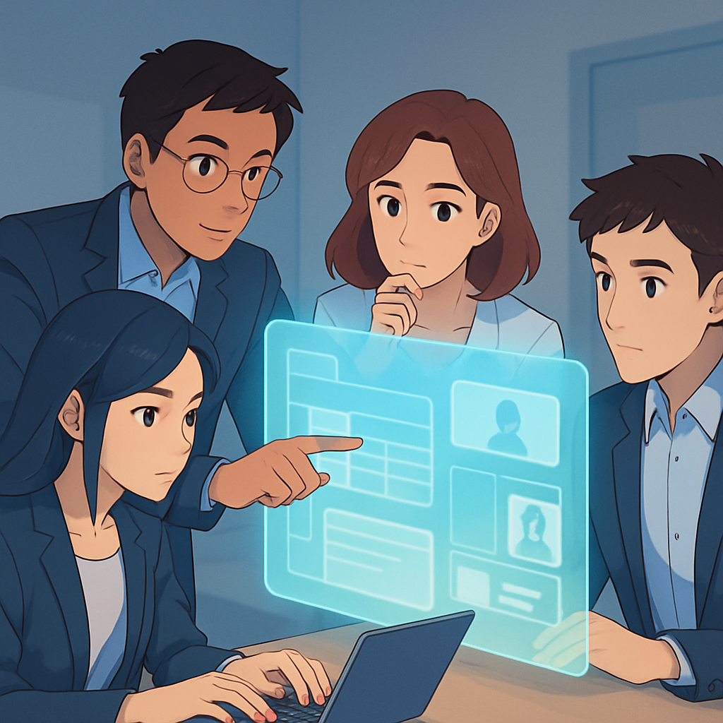 Anime illustratie van drie mensen die samenwerken aan een groot, interactief scherm waarop documenten, spreadsheets en video calls te zien zijn, wat de realtime samenwerking in Google Workspace symboliseert.