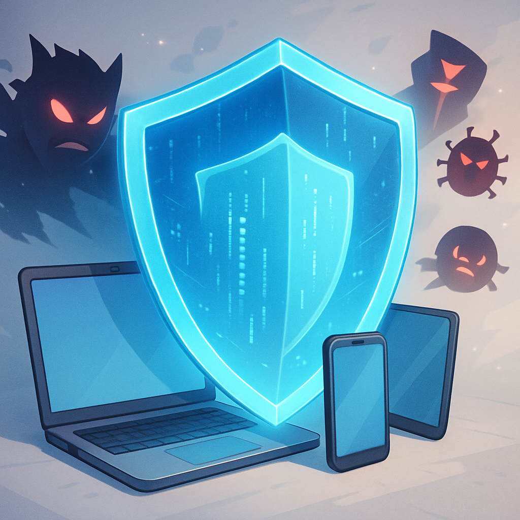 Een anime-stijl illustratie van een digitaal schild dat een laptop, smartphone en tablet beschermt tegen cyberdreigingen zoals virussen en phishing-symbolen.
