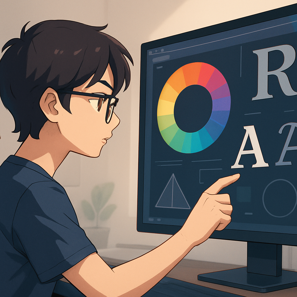 Een anime-personage, een jonge volwassene met een concentreerde uitdrukking, manipuleert een touchscreen interface waarop grafische elementen voor logo-ontwerp, zoals kleuren, lettertypen en vormen, worden weergegeven.