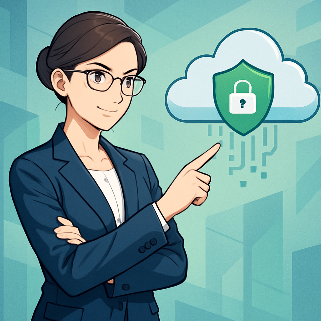 Een anime-stijl illustratie van Noa Jansen die zelfverzekerd naar een beveiligd cloudicoon wijst, omringd door abstracte, zakelijke digitale elementen.