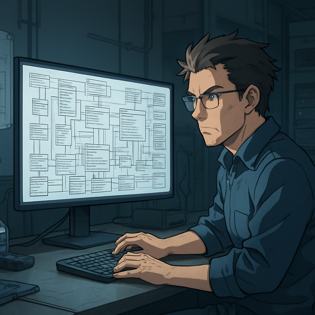 Een anime-illustratie van een software-architect in een goed uitgeruste werkplaats, die geconcentreerd werkt op een complex UML-diagram op een groot computerscherm. Er liggen geavanceerde gereedschappen op het bureau, wat de robuuste mogelijkheden van de offline software benadrukt.